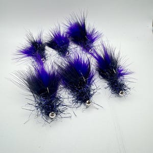 May include: Six fly fishing lures with black and purple feathers and a silver bead head. The lures are arranged on a white background. These lures are designed for catching fish.