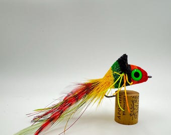 Può includere: Una mosca da pesca colorata con testa rossa, occhi verdi e parte superiore nera e verde. La mosca ha piume gialle, rosse e verdi ed è attaccata a un amo. Viene esposta su un tappo di sughero.