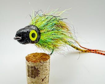 Può includere: Un'esca da pesca a mosca nera e verde con un occhio giallo e una coda lunga. L'esca è montata su un tappo di sughero.