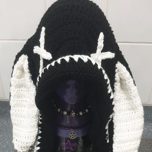 Handmade chunky crochet black and white floppy eared hood....adult size