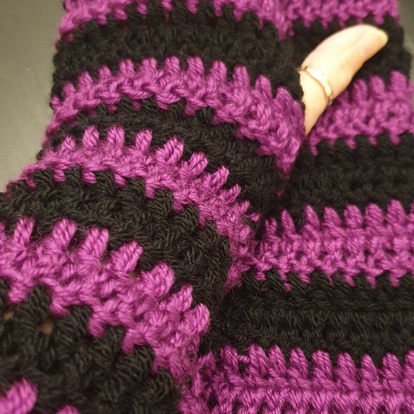 Handmade crochet chunky arm warmers in  purple and black stripes....witch goth alternative