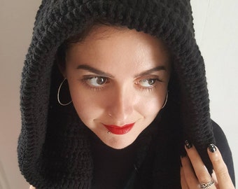 Handmade chunky crochet black pixie hood...witch goth dreadlocks