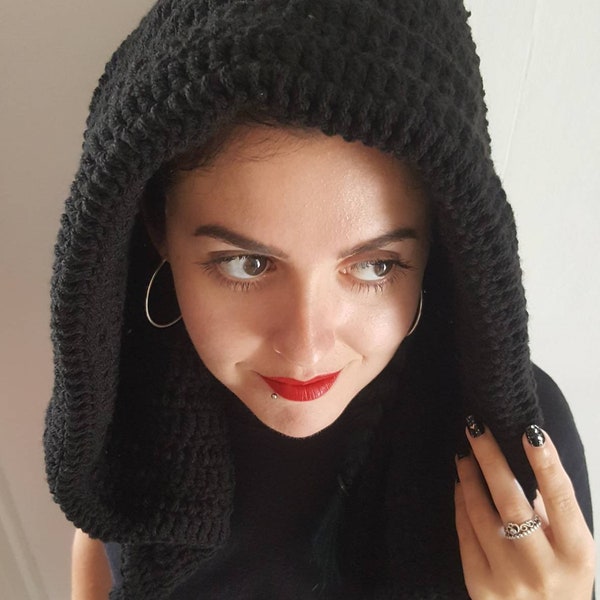 Handmade chunky crochet black pixie hood...witch goth dreadlocks