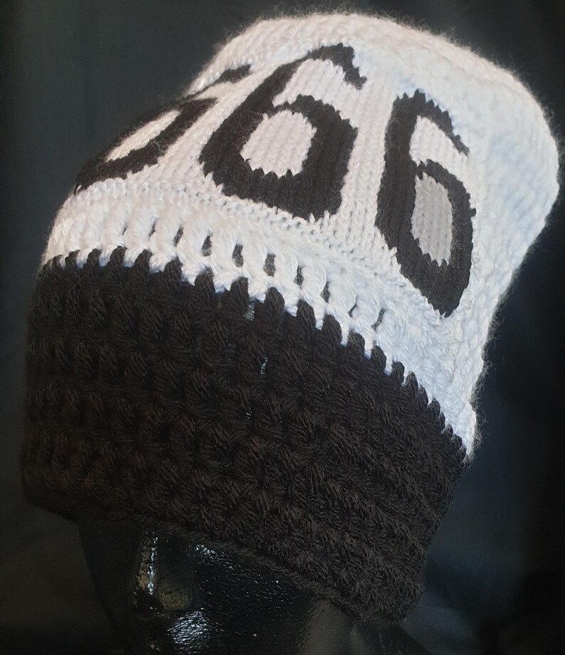 May include: White and black crocheted beanie with the number "666" in black on the top. The beanie has a black crocheted brim.