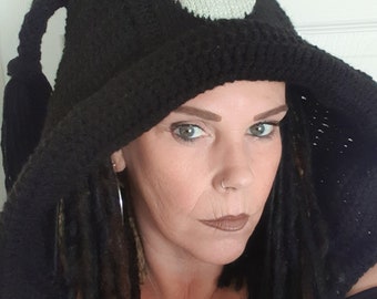 Handmade chunky crochet black pagan godesss symbol pixie hood...witch goth dreadlocks