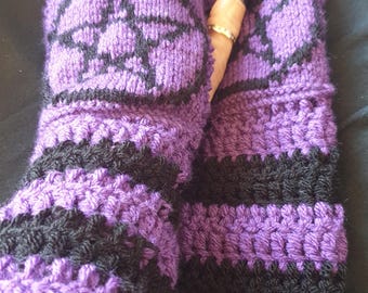 Handmade chunky crochet black and purple striped pentacle armwarmers