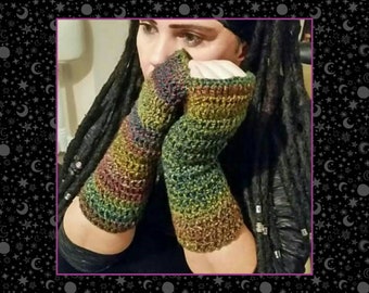 chunky arm warmers in tones of green and purple.