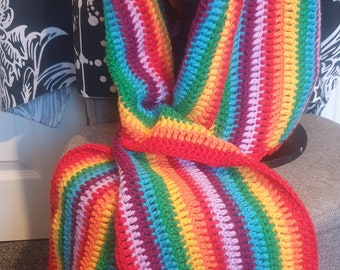 Handmade chunky crochet rainbow hooded scarf with pockets