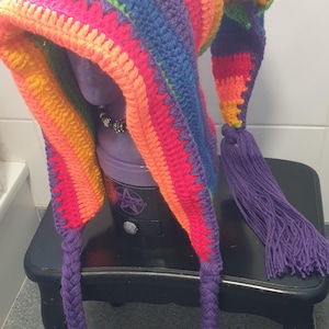 Puede incluir: Un gorro de ganchillo hecho a mano, colorido, con forma larga y puntiaguda. El gorro presenta un arcoíris de colores, incluyendo rojo, naranja, amarillo, verde, azul y morado. Tiene largas borlas trenzadas en morado y se exhibe sobre un soporte negro.
