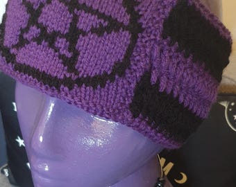 Handmade chunky crochet black and purple wide headband with pentacle symbol