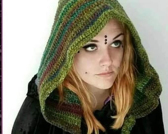Handmade chunky crochet green tones pixie hood...witch goth dreadlocks