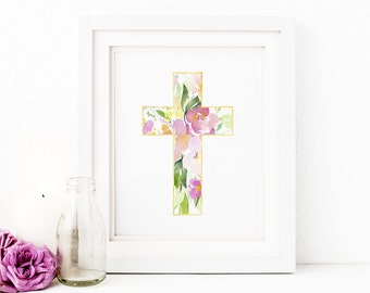 Spring Floral Easter Cross Printable Wall Art Watercolor Flowers Easter Print Christian Easter Decor Pastel Pink Flowers Easter Cross Print