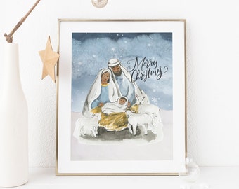 Snowy Nativity Scene Printable Art Merry Christmas Print Nativity Print Christmas Decor Christmas Nativity Print Christmas Holy Family Print