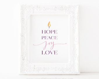 Candela dell'Avvento stampabile, decorazione murale, Speranza, Pace, Gioia, Amore, stampa della candela dell'Avvento, stampa della corona dell'Avvento, stampa dell'Avvento cattolico, decorazione dell'Avvento stampabile