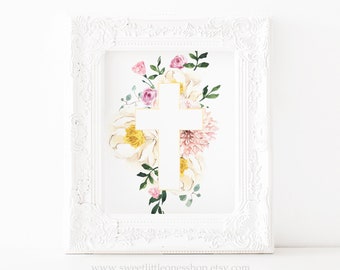 Bloemen Pasen kruis afdrukbare muur kunst opstanding kruis afdrukbare religieuze paasdecor bloemen Pasen kruis print He Is Risen print decor