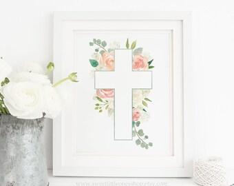 Witte Pasen-kruisbloemen afdrukbare muurkunst bloemen Pasen-kruis afdrukbaar opstandingskruis afdruk Pasen-kruis muurdecor Pasen-afdruk