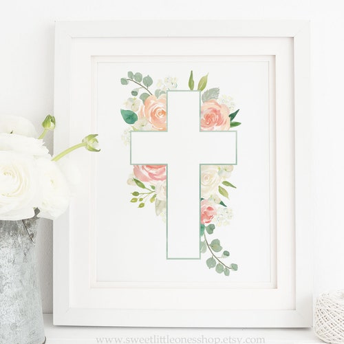White Floral Easter Cross Printable Wall Art Floral Easter Etsy