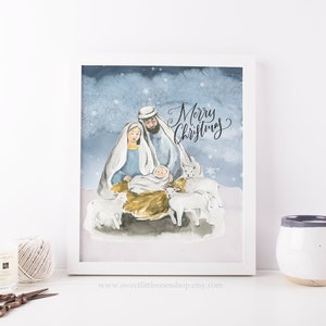 Snowy Christmas Nativity Scene Printable Art Merry Christmas Print Nativity Print Christmas Decor Christmas Nativity Print Holy Family Print