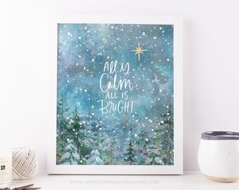 All Is Calm All Is Bright Printable Wall Art Christmas Print Silent Night Hymn Print Christmas Decor Snowy Forest Landscape Christmas Star