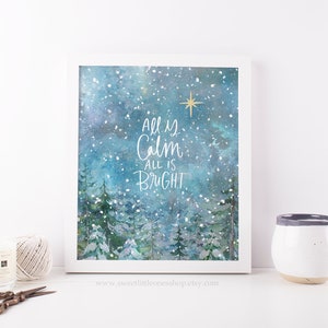 All Is Calm All Is Bright Printable Wall Art Christmas Print Silent Night Hymn Print Christmas Decor Snowy Forest Landscape Christmas Star