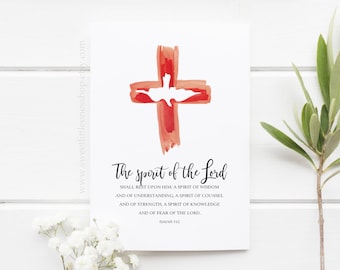 May include: A watercolor painting of a red cross with a white dove inside. The text below reads "The spirit of the Lord shall rest upon him: a spirit of wisdom and of understanding, a spirit of counsel and of strength, a spirit of knowledge and of fear of the Lord. Isaiah 11:2"