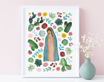 PRINTED 11x14, 8x10, 5x7 Floral Our Lady of Guadalupe Print Our Lady Guadalupe Catholic Print Catholic Home Decor Marian Print Guadalupe Art