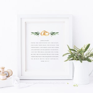 Bruiloft twee zullen één vlees worden Markus 10:6-9 afdrukbare muur kunst katholieke bruiloft afdrukken bijbelvers afdrukken bruiloft decor huwelijk sacrament