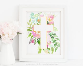Wit paaskruis lente bloemen afdrukbare muurkunst paasdecor paaskruis print opstanding afdrukbare aquarel pastelroze bloemen