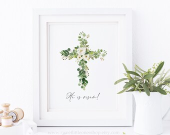 Floral Cross He Is Risen Printable Wall Art Resurrection Cross Print Easter Printable Easter Decor Easter Cross Print He Is Risen Print Art