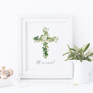 Floral Cross He Is Risen Printable Wall Art Resurrection Cross Print Easter Printable Easter Decor Easter Cross Print He Is Risen Print Art