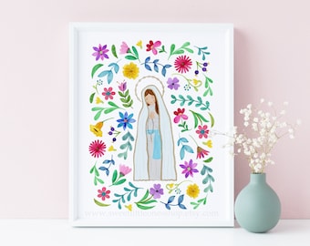 Floral Our Lady of Lourdes Printable Wall Art Our Lady of Lourdes Catholic Print Catholic Home Decor Kids Marian Printable Blessed Mother