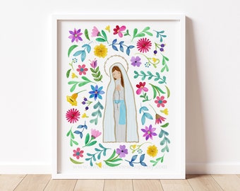 PRINTED 11x14, 8x10, 5x7 Lourdes Print Our Lady of Floral Our Lady of Lourdes Catholic Print Catholic Kids Decor Print Blessed Mother Mary