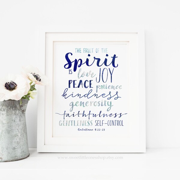 Fruit of the Spirit Printable Wall Art Galatians 5:22-23 Blue Watercolor Fruit of the Spirit Bible Verse Print Scripture Printable Joy Love
