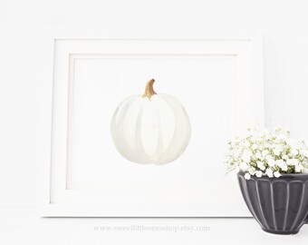 Lámina decorativa de otoño con calabaza blanca en acuarela para imprimir.
