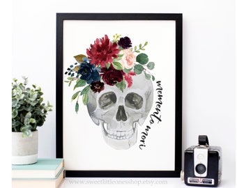 8x10, 5x7 Memento Mori Print Floral Skull Print Catholic Home Decor Memento Mori Print Remember You Must Die Latin Quote Print Flower Skull