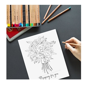 May include: A black and white line drawing of a bouquet of flowers with the text "Praying for you" at the bottom.