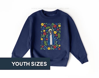 YOUTH Our Lady of Kibeho Floral Catholic Kids Sweatshirt Our Lady Kibeho First Communion Gift Our Lady Kibeho Catholic Girls Sweatshirt Tee