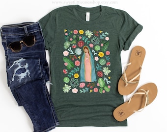 Our Lady of Guadalupe Floral Catholic Womens T-Shirt Our Lady Guadalupe Tee Confirmation Gift Our Lady of Guadalupe Catholic Mary Garden Tee