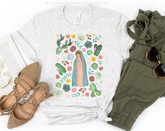 Our Lady of Guadalupe Floral Catholic Womens T-Shirt Our Lady Guadalupe Tee Confirmation Gift Our Lady of Guadalupe Catholic Mary Garden Tee