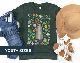 Our Lady of Guadalupe Floral Catholic Girls T-Shirt Our Lady Guadalupe Youth Tee First Communion Gift Our Lady Guadalupe Catholic Mary Tee