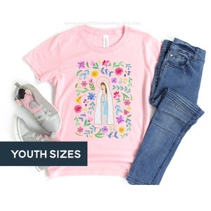 YOUTH Our Lady of Lourdes Floral Catholic Kids T-Shirt Our Lady Lourdes Tee First Communion Gift Catholic Girls Tee Lourdes Mary Garden Tee