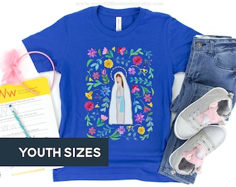 YOUTH Our Lady of Lourdes Floral Catholic Kids T-Shirt Our Lady Lourdes Tee First Communion Gift Catholic Girls Tee Lourdes Mary Garden Tee