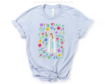 Our Lady of Lourdes Floral Catholic Womens T-Shirt Our Lady Lourdes Tee Confirmation Gift Our Lady of Lourdes Mary Garden Tee Catholic Mom
