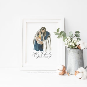 May include: Watercolor painting of the Holy Family, Mary, Joseph, and baby Jesus. The painting is in shades of blue, yellow, and white. The text below the image reads "Holy Family, Pray for Us."