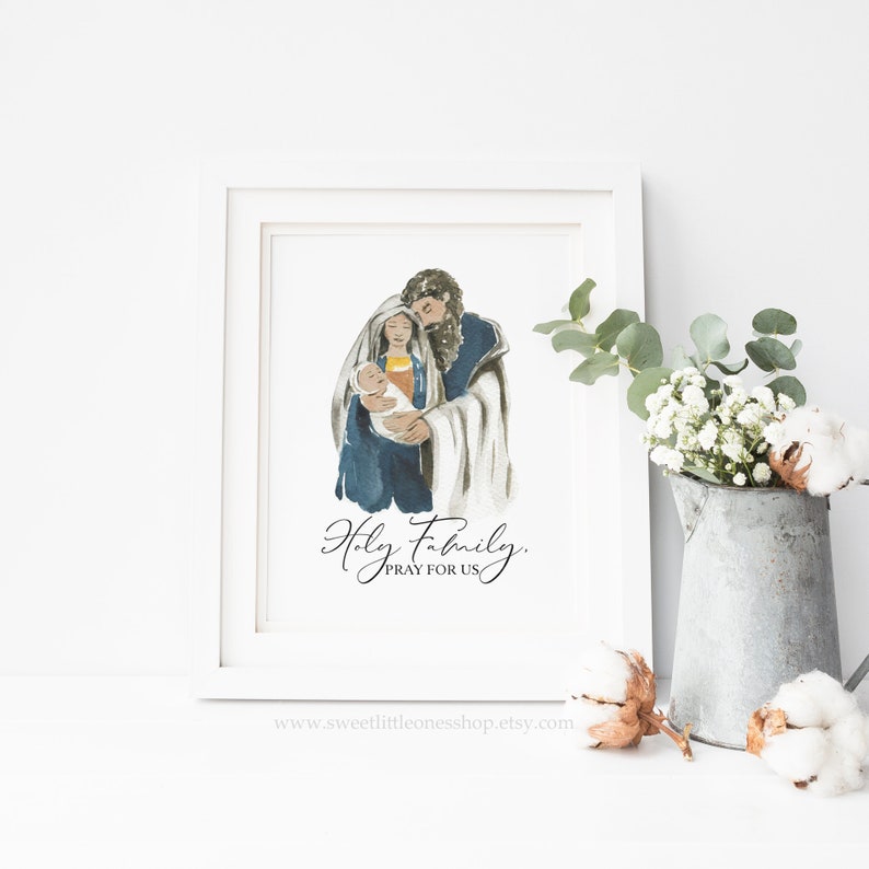 May include: Watercolor painting of the Holy Family, Mary, Joseph, and baby Jesus. The painting is in shades of blue, yellow, and white. The text below the image reads "Holy Family, Pray for Us."