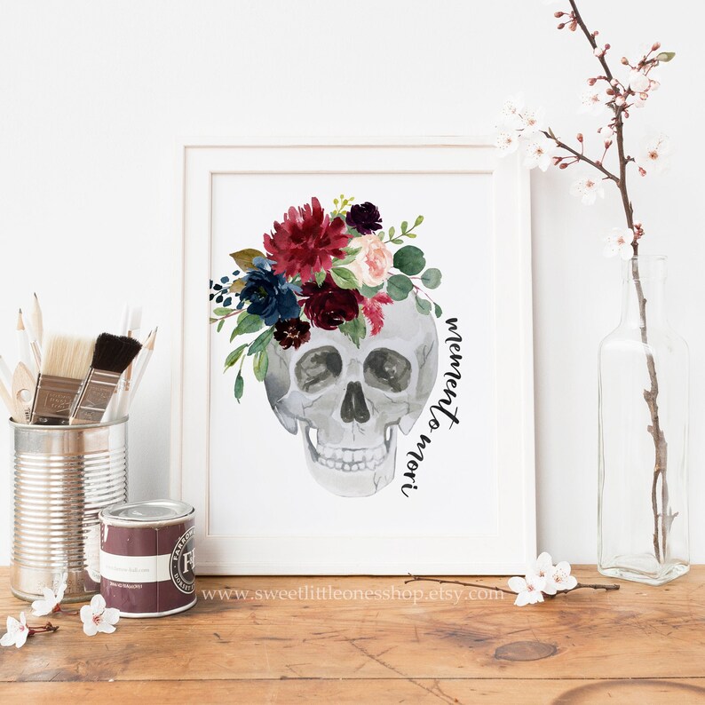 Impresión Memento Mori de 8 x 10, 5 x 7, impresión de calavera floral, decoración católica para el hogar, impresión Memento Mori, "Recuerda que debes morir", impresión de cita en latín, calavera de flores imagen 3