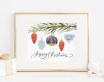 Adornos navideños imprimibles para pared, decoración navideña, lámina navideña, lámina de árbol de Navidad, lámina de Feliz Navidad, arte popular navideño