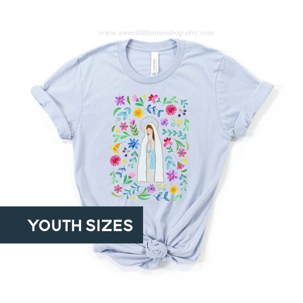 YOUTH Our Lady of Lourdes Floral Catholic Kids T-Shirt Our Lady Lourdes Tee First Communion Gift Catholic Girls Tee Lourdes Mary Garden Tee