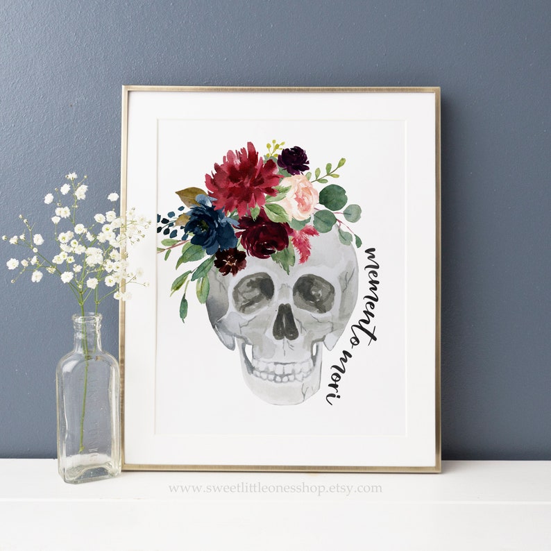 Impresión Memento Mori de 8 x 10, 5 x 7, impresión de calavera floral, decoración católica para el hogar, impresión Memento Mori, "Recuerda que debes morir", impresión de cita en latín, calavera de flores imagen 2