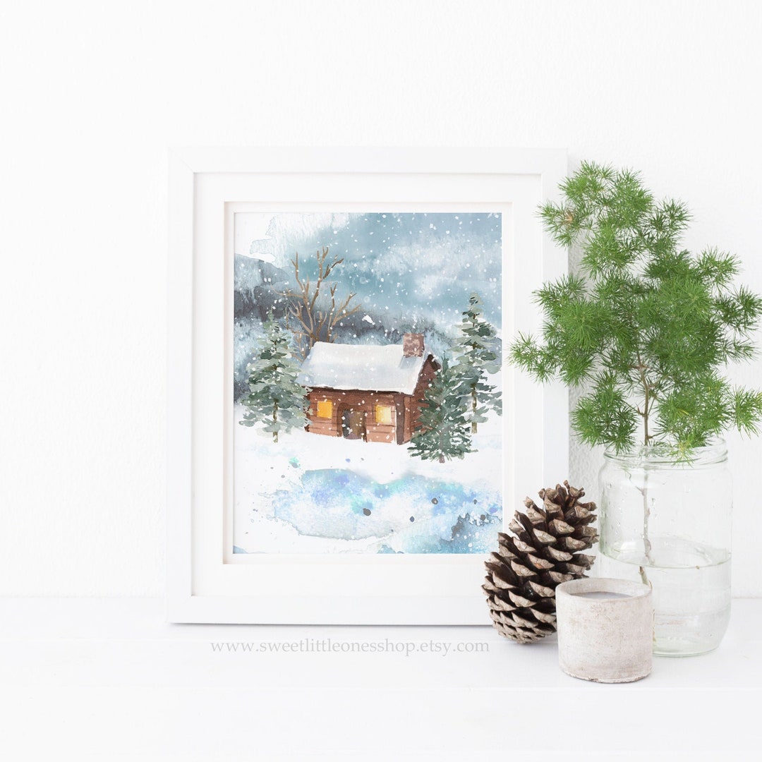 Cabin the the Snow Printable Wall Art Snowy Cabin Print Chrismtas Print ...